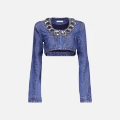 Jumbo Crystal Denim Cropped Blazer