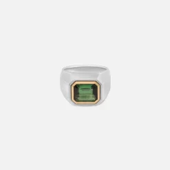Solitaire Rectangle Ring In Silver And Yellow Gold With Green Tourmaline
