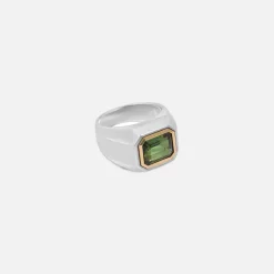Solitaire Rectangle Ring In Silver And Yellow Gold With Green Tourmaline